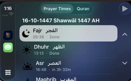 CarPlay prayer times screen